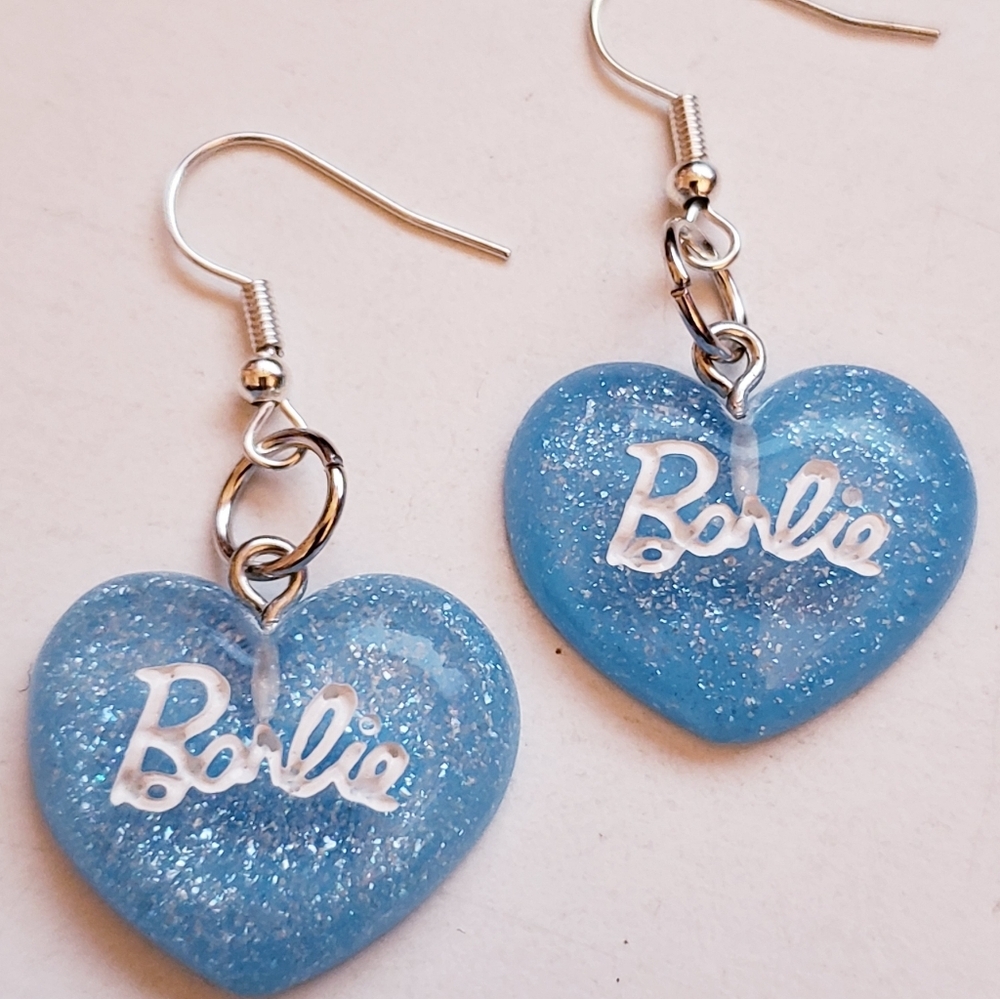 Handmade Blue Glitter Resin Heart Barbie Earrings